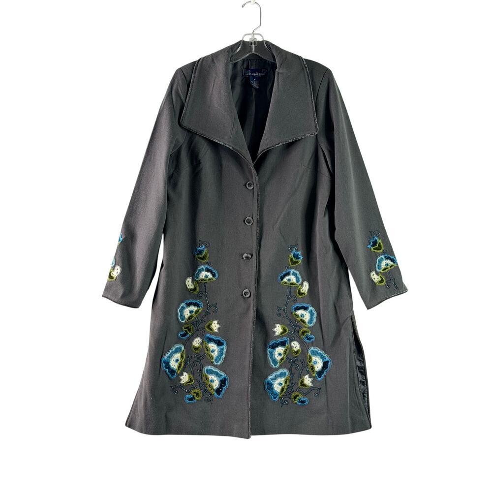 Susan Graver Style Velvet Trim Embroidered Beaded Long Winter Coat Gray Medium
